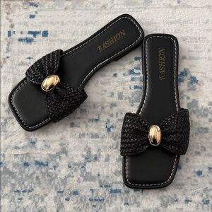 Black Slide Sandals with Gold Accent